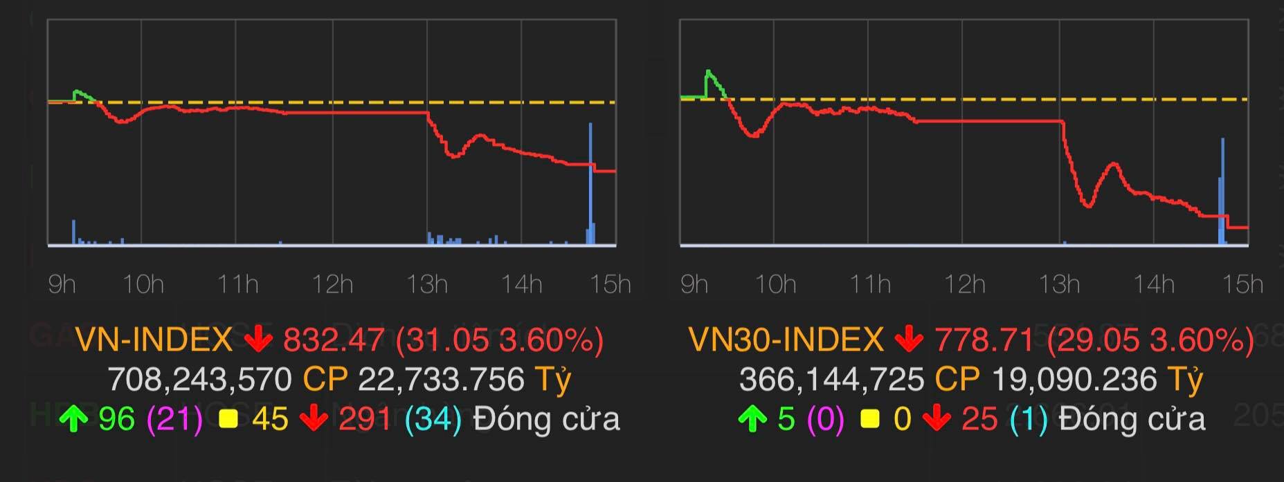 VN-Index giảm 31,05 điểm (3,6%) xuống 832,47 điểm.