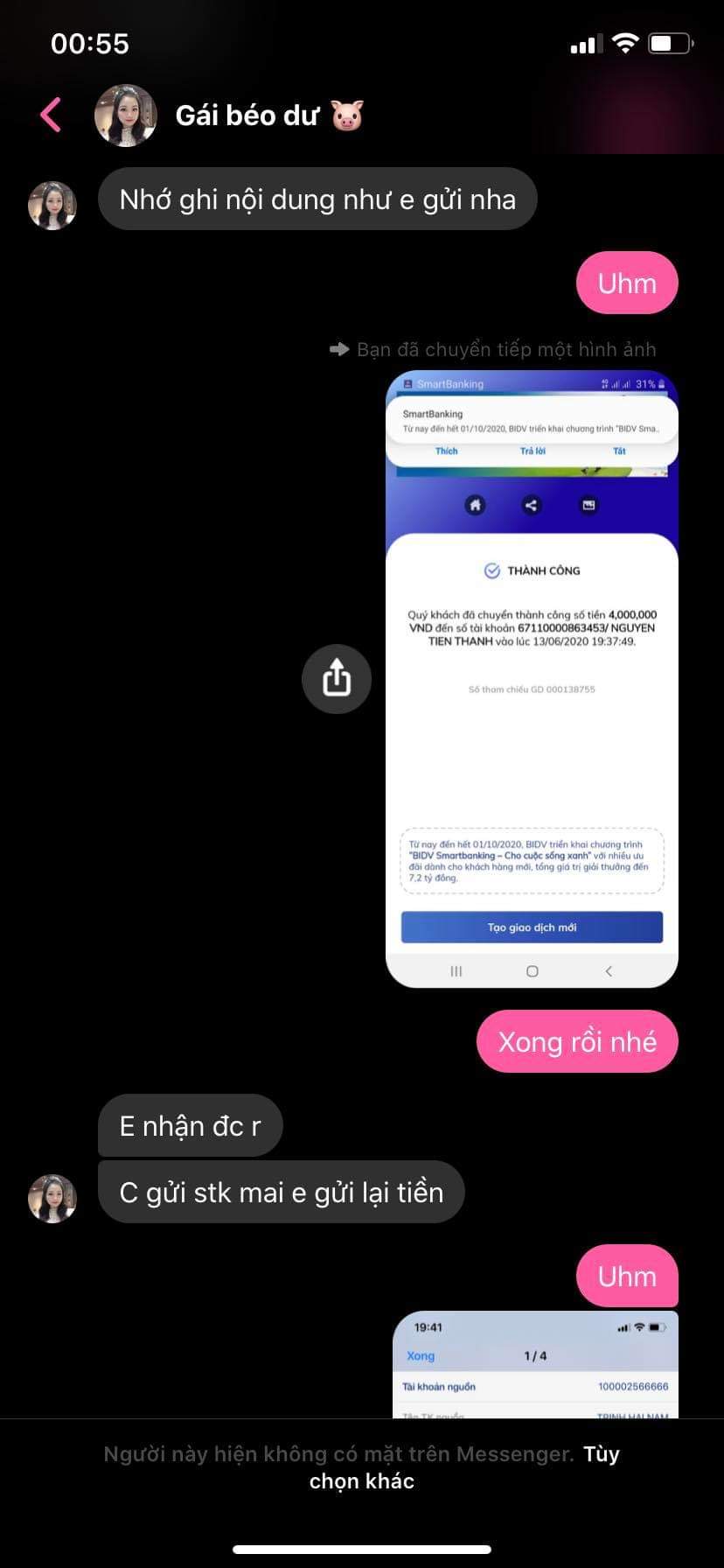 Một số đoạn tin nhắn hacker sử dụng tài khoản facebook của chị H. để lừa chuyển tiền.