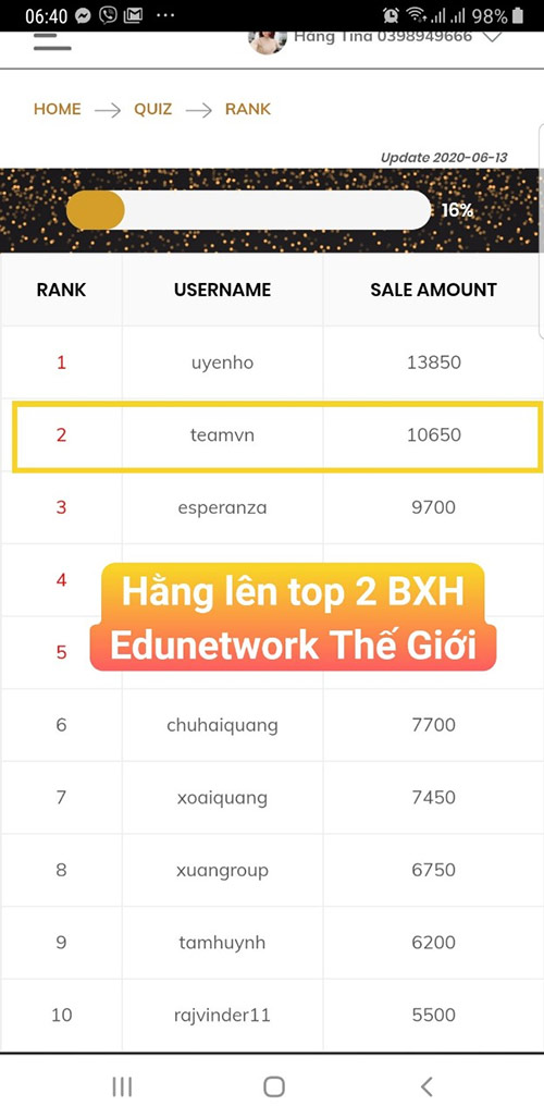 Hằng ở top 2 trên bảng xếp hạng Thế Giới của Edunetwork