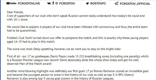 Rostov FC giải thích về trận thua khó hiểu của mình