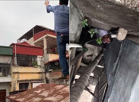 Trung tá Bùi Mạnh Cường đứng trên nóc nhà khuyên nhủ đối tượng; Mai Quốc Nam trốn trong khe hẹp tầng 3 của một ngôi nhà (ảnh cắt từ clip của Trung tá Bùi Mạnh Cường quay từ tầng 5).