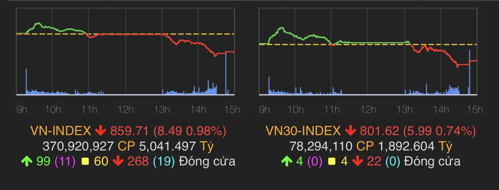 VN-Index giảm 8,49 điểm (0,98%) xuống 859,71 điểm.