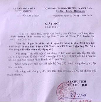 Giấy mời làm việc của UBND xã Thạnh Phú