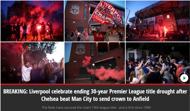 Tờ Mirror đưa tin về hoạt động ăn mừng của các CĐV Liverpool tại Anfield và nhiều nơi trên nước Anh