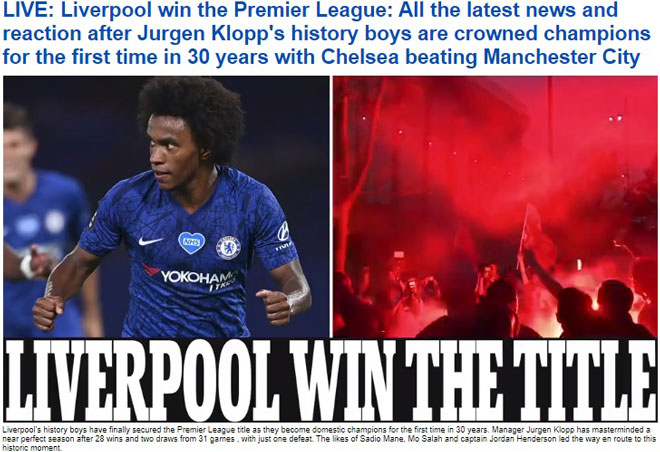 Tờ Daily Mail nhấn mạnh "Liverpool giành chức vô địch" trong bài viết trên đầu trang