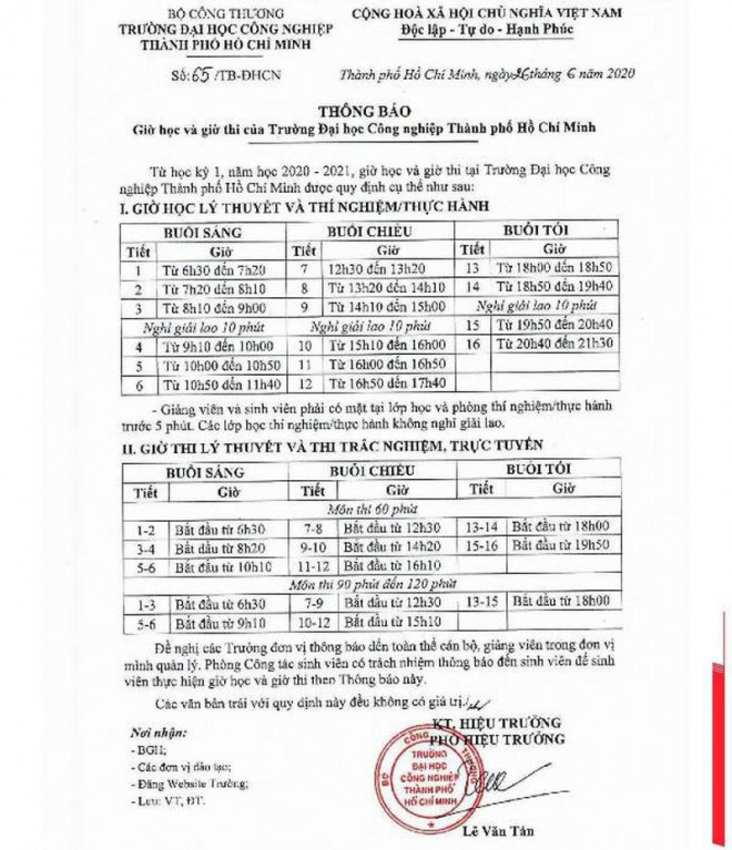 Thông báo mới của Trường ĐH Công nghiệp TP.HCM về áp dụng giờ học mới