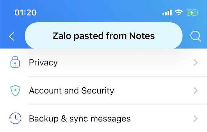 Zalo thông báo vừa đọc dữ liệu mà người dùng copy từ ứng dụng Notes.