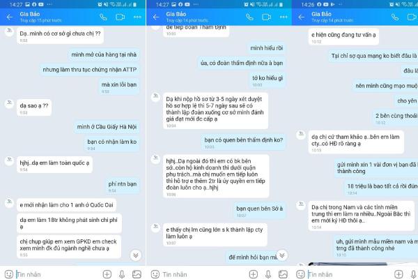 Giao dịch giữa PV và “cò” tư vấn làm giấy chứng nhận ATTP (ảnh chụp màn hình)