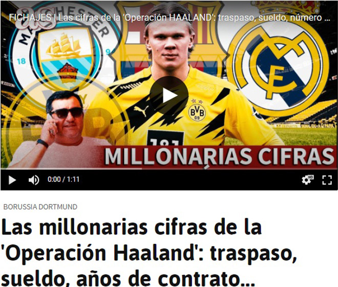 Thông tin chuyển nhượng của Erling Haaland có trên hầu hết các trang báo uy tín của Tây Ban Nha