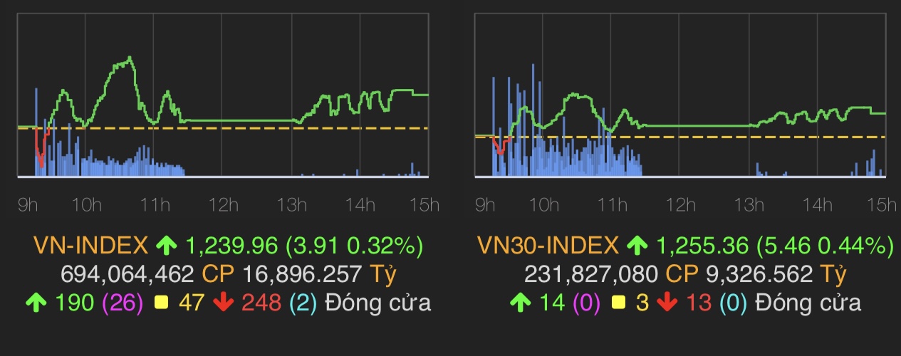 VN-Index tăng 3,91 điểm (0,32%) lên 1.239,96 điểm.