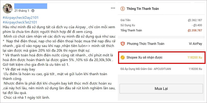 Người dùng hào hứng chia sẻ thành quả mua vé máy bay được hoàn xu nhờ thanh toán bằng ví điện tử AirPay.