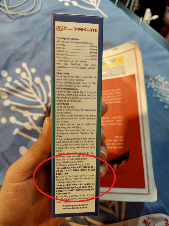 Sản phẩm Yakumi do Công ty TNHH Thương mại quốc tế Phamaco phân phối sản xuất tại 1 công ty khác.