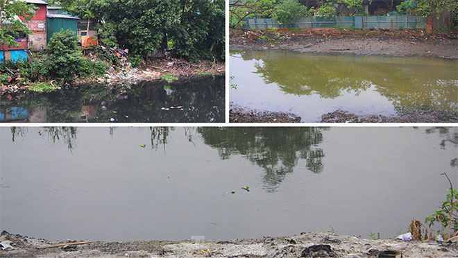 Hình ảnh rác sinh hoạt do người dân đổ ra chất thành đống cao tràn xuống cả lòng sông đang cạn dần nước.