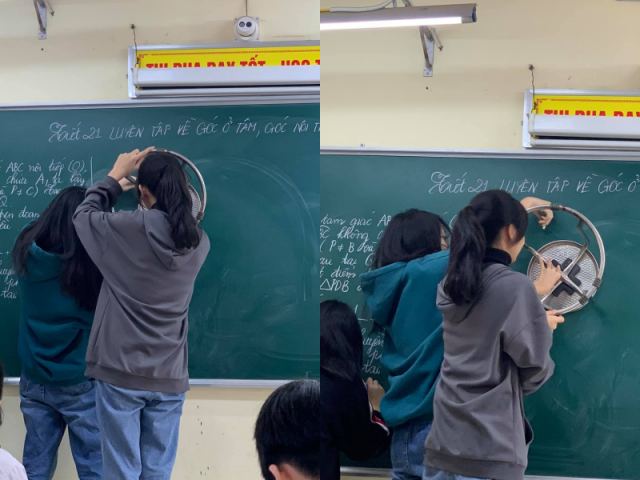Giáo dục - du học - Lên bảng vẽ hình tròn nhưng không có compa, hai nữ sinh nghĩ ra cách vẽ “bá đạo“