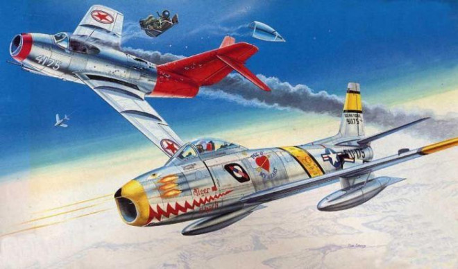 Máy bay F-84 Sabre của Mỹ bắn hạ MiG-15 Liên Xô trong Chiến tranh Triều Tiên - ảnh vẽ minh họa.