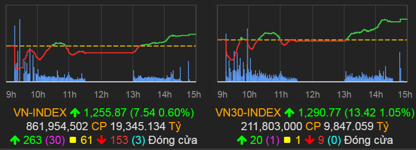 VN-Index tăng 7,54 điểm (0,6%) lên 1.255,87 điểm.