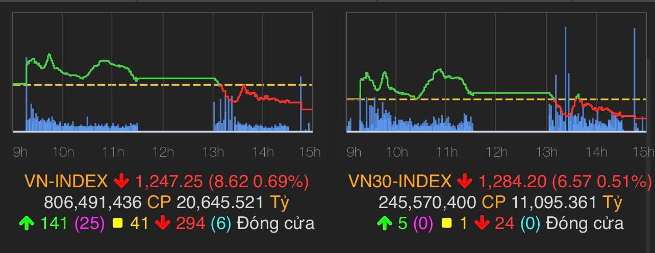 VN-Index đóng cửa giảm 8,62 điểm (0,69%) xuống 1.247,25 điểm.