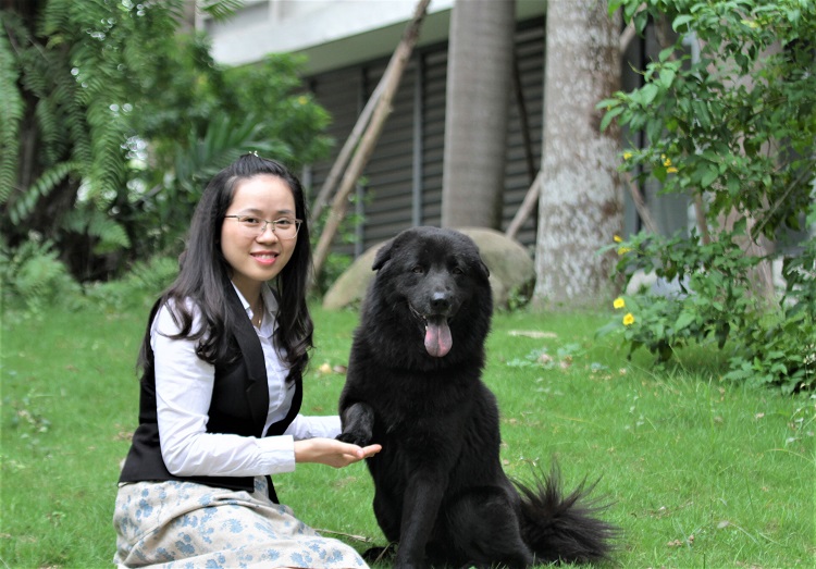 Chị Lê Thị Hà bên chú chó Tam Mao giống Bắc Hà – một trong “tứ đại khuyển vương” của Việt Nam.