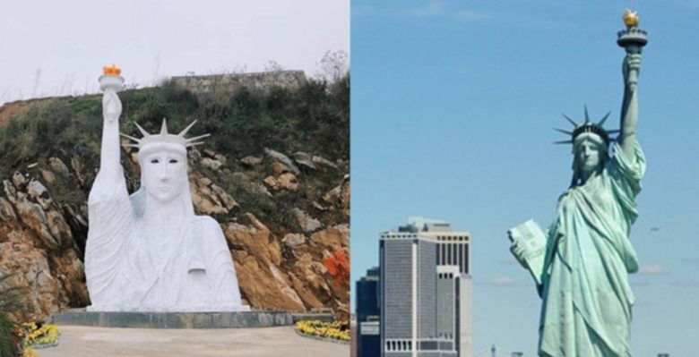 Tượng Nữ thần tự do “phiên bản lỗi” ở Sa Pa (trái) và phiên bản gốc ở Mỹ (phải). Ảnh: Facebook.