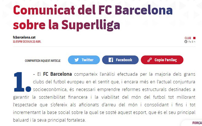 Barca ra thông cáo khẳng định họ được tòa án bảo vệ pháp lý trước những sự trừng phạt có thể được ban hành&nbsp;của La Liga vì tham dự Super League