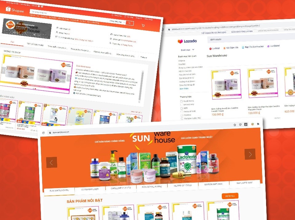 Sun Warehouse có đủ các kênh bán hàng trực tuyến như website, fanpage và có mặt trên các sàn thương mại điện tử như Shopee, Tiki, Lazada