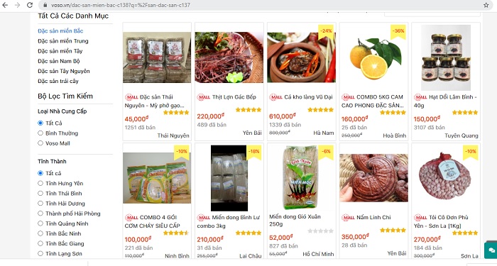 Một số chuyên trang khá chú trọng vào đặc sản vùng miền. (Ảnh chụp màn hình)