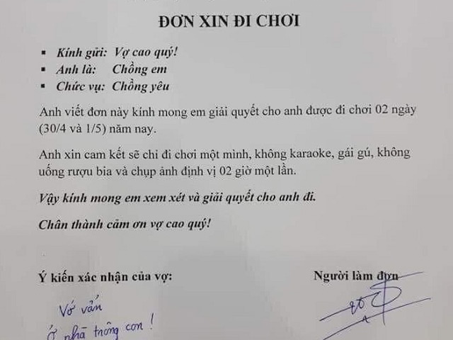 Bạn trẻ - Cuộc sống - Chồng viết đơn xin đi chơi 30/4, phản ứng của “nóc nhà” khiến dân mạng cười ngặt nghẽo