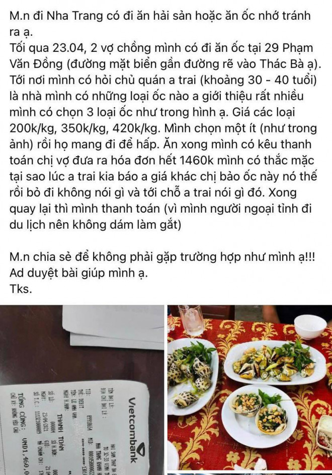 Thông tin mà du khách tố nhà hàng Bờ Kè Tháp Bà 86 "chặt chém" 1,8 triệu đồng/kg ốc hương