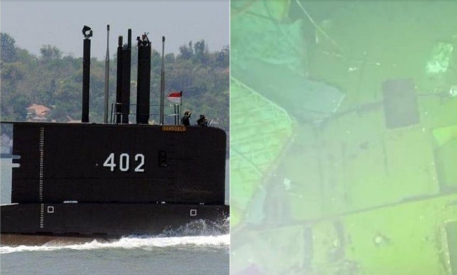 Tàu ngầm KRI Nanggala-402 (trái) và xác tàu ngầm dưới biển (phải). Ảnh: Reuters