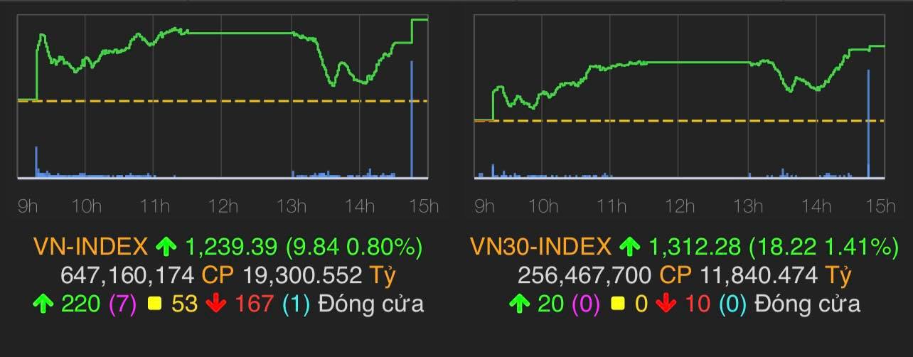 VN-Index tăng 9,84 điểm (0,8%) lên 1.239,39 điểm.