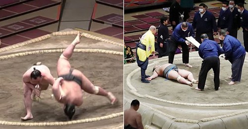 Đô vật sumo đập thẳng đầu xuống đất dẫn đến chấn thương nặng.