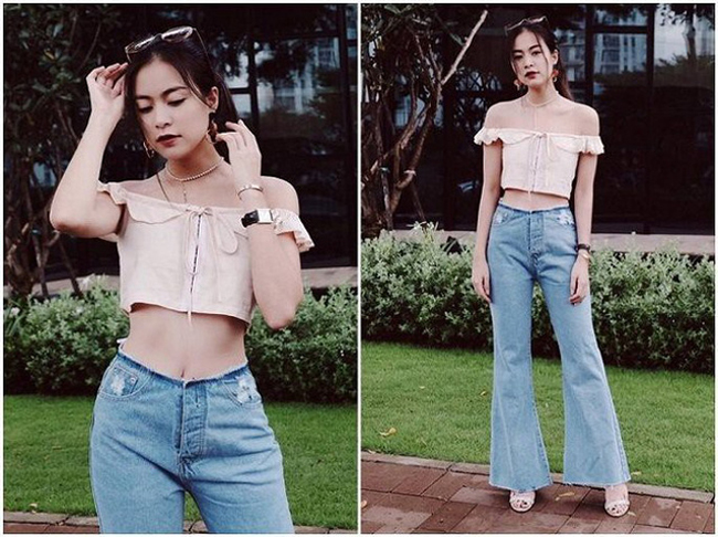 Diện áo croptop và quần ống loe lưng cao cũng là cách để cô nàng "hack" chiều cao.
