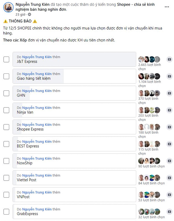 Kết quả bình chọn đơn vị vận chuyển được khách hàng ưu tiên chọn nhất trên Nhóm “Shopee – Chia sẻ kinh nghiệm bán hàng nghìn đơn”.