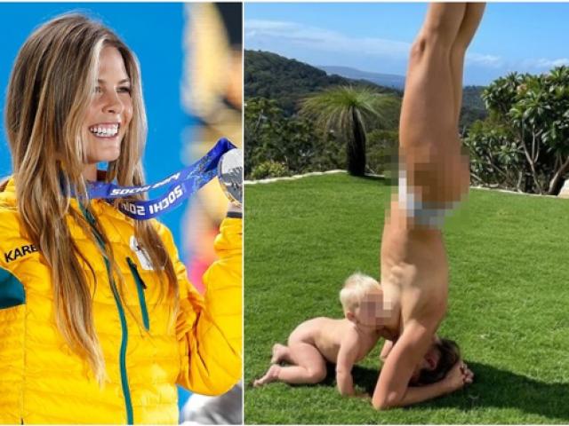 Thể thao - Kiều nữ Olympic khoả thân "trồng cây chuối" cho con bú giữa ban ngày