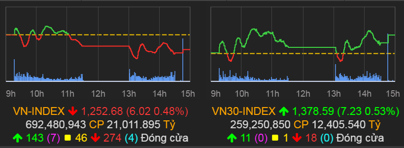 VN-Index giảm 6,02 điểm (-0,48%) xuống 1.252,68 điểm.