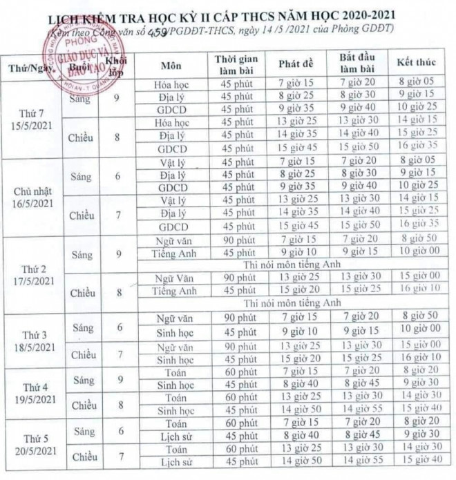 Lịch thi Học kỳ 2 của học sinh thành phố Hội An.