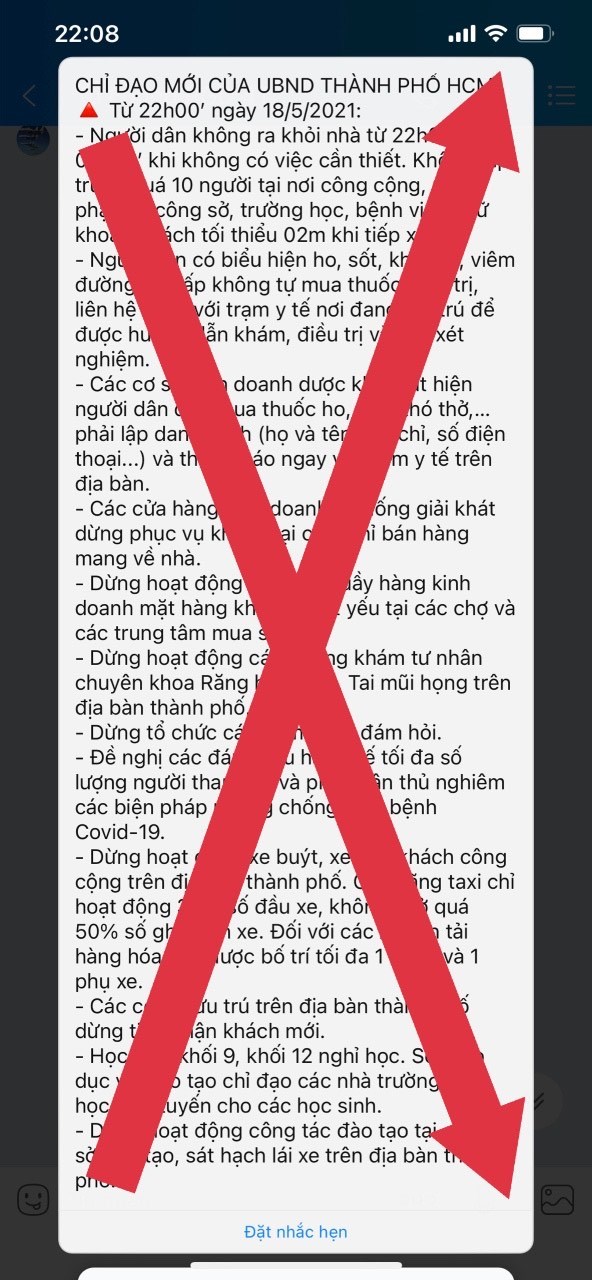 Thông tin “giới nghiêm từ 22 giờ đến 5 giờ sáng” tại TP.HCM lan truyền trên mạng là giả mạo