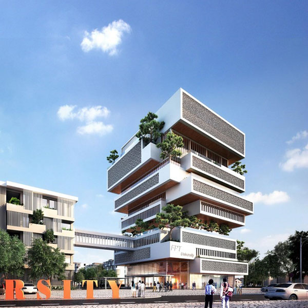 Toà nhà Alpha là một điểm nhấn kiến trúc nổi bật của ĐH FPT Đà Nẵng.