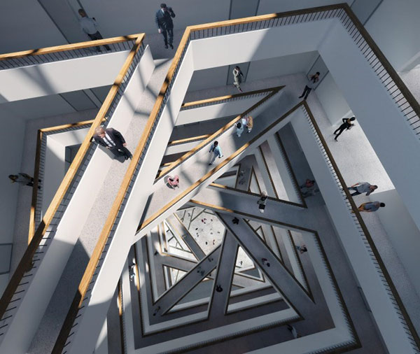 Giếng trời của tòa nhà Alpha còn có các cây cầu dẫn được bố trí xoay theo chuyển vị xoắn ốc, tạo nên một không gian biến hoa đa chiều như một thuật toán “Fractan”.