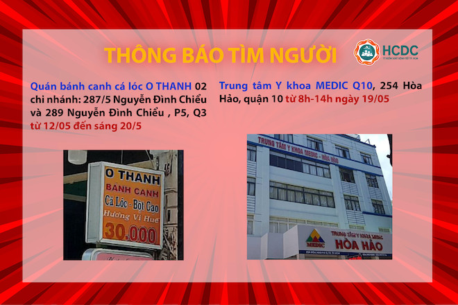 Thông báo tìm người đến các địa điểm có ca nhiễm COVID-19 của TP.HCM.