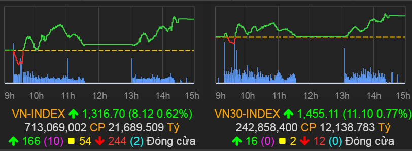 VN-Index tăng 8,12 điểm (0,62%) lên 1.316,7 điểm.
