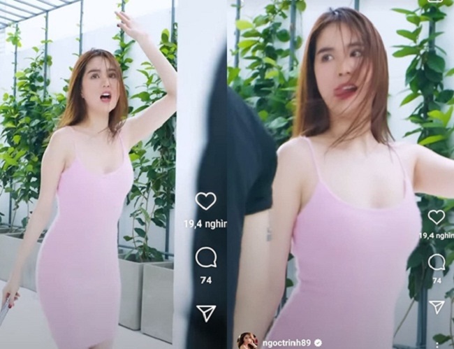 Tuy nhiên mới đây, Ngọc Trinh vừa khoe clip mới trên trang cá nhân khiến nhiều người bất ngờ. Không còn thân hình nóng bỏng, người đẹp 31 tuổi lại khá đô con trong bộ váy hai dây màu hồng ôm sát cơ thể.
