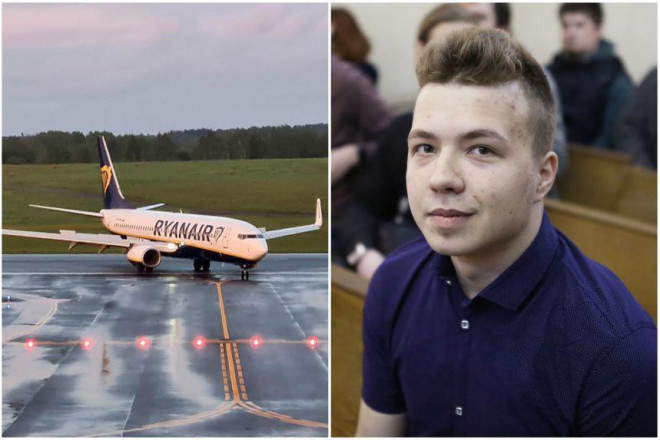 Máy bay hãng Ryanair chở nhà hoạt động Roman Protasevich (phải) bị ép chuyển hướng đến Minsk trước hạ cánh tại Lithuania. Ảnh: Reuters