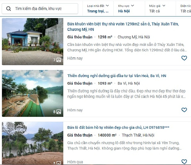 Hàng loạt thông tin khu nghỉ dưỡng, biệt thự nhà vườn&nbsp;ven Hà Nội được rao bán
