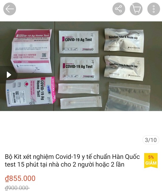 Bộ kit xét nghiệm Covid-19 được rao bán công khai tràn lan trên chợ mạng và trên các sàn thương mại điện tử.