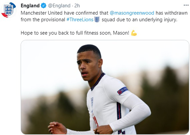 Liên đoàn bóng đá Anh xác nhận Greenwood không dự EURO 2021 do chấn thương