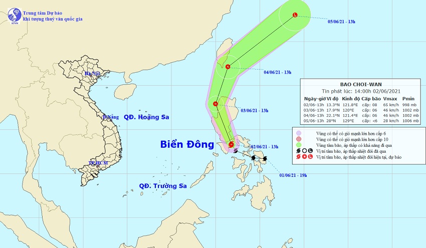 Vị trí và hướng di chuyển tiếp theo của bão Choi-wan. Ảnh: Trung tâm Dự báo KTTVQG.