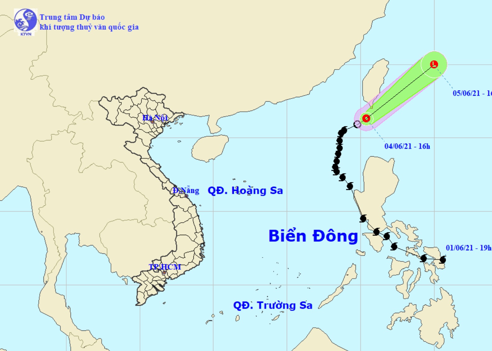 Vị trí và hướng di chuyển của áp thấp nhiệt đới suy yếu từ bão số 1 Choi-wan. Ảnh: Trung tâm Dự báo KTTVQG.