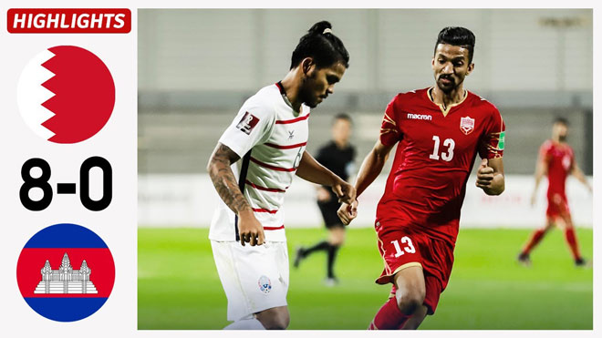 ĐT Campuchia (áo trắng) thua 8 bàn không gỡ trên sân của ĐT Bahrain đêm 3/6 ở lượt trận thứ 7 bảng C vòng loại thứ 2 World Cup 2022 khu vực châu Á