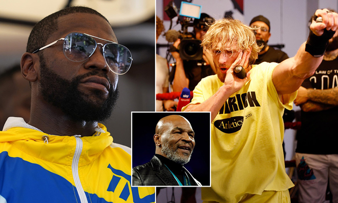 Mike Tyson (giữa) sợ rằng Floyd Mayweather (trái) sẽ "làm gỏi" Logan Paul trên sàn đấu